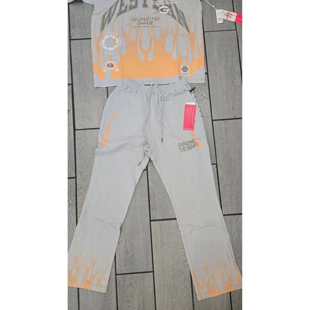 Gunzinii Denim Co 2XL Grey Orange Flame 11:11 Graphic T-Shirt Sweatpants Set